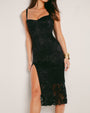 Model wears Seamed Lushy Pencil Midi Shapewear Dress - Lace Black unzipped side