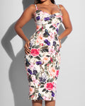 Model wears Seamed Lushy Pencil Midi Shapewear Dress - Rose Bloom close up