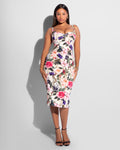 Model wears Seamed Lushy Pencil Midi Shapewear Dress - Rose Bloom full front view