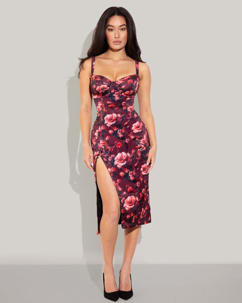 Seamed Lushy Satin Pencil Dress - Cranberry Floral