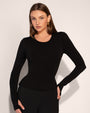 Model wears Shapey Crew Neck Long Sleeve Shapewear Top - Soft Sheen Jersey Black