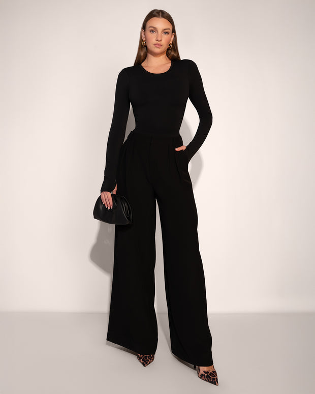 Model wears Shapey Crew Neck Long Sleeve Shapewear Top - Soft Sheen Jersey Black Full Body view