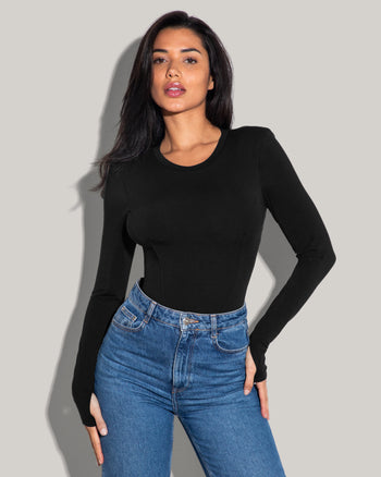Model wears Shapey Crew Neck Long Sleeve Sculpting Shapewear Top - Soft Modal Jersey Black front view