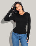 Model wears Shapey Crew Neck Long Sleeve Sculpting Shapewear Top - Soft Modal Jersey Black shaping panels front view