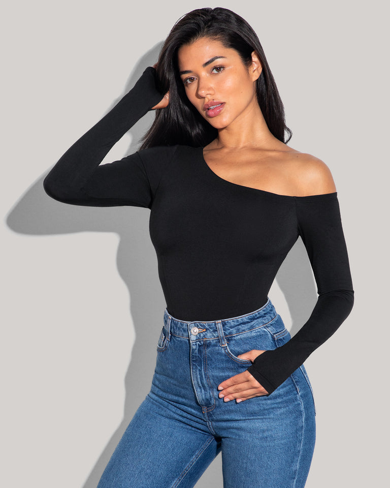 Shapey Long Sleeve One Shoulder Top - Black