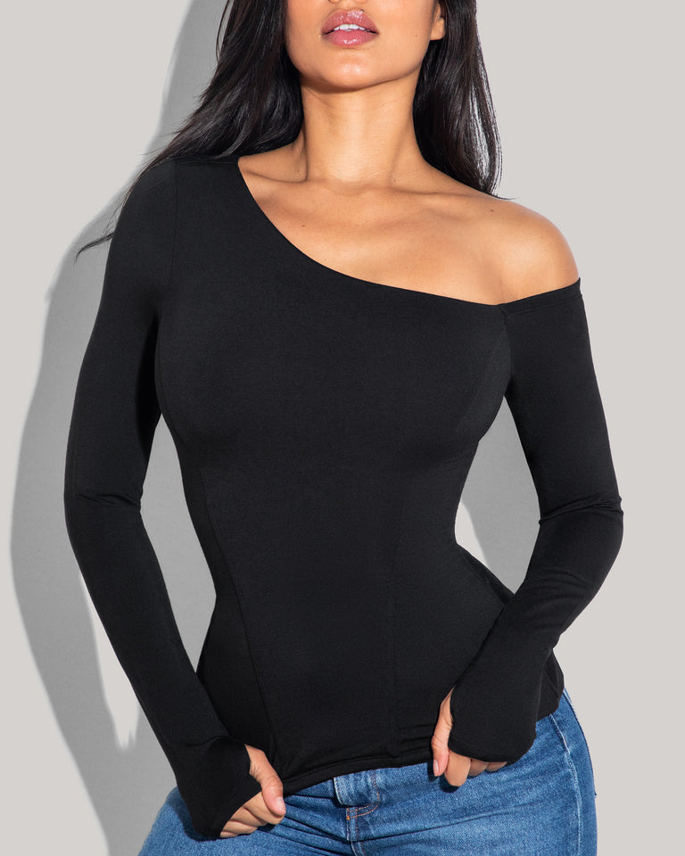 Shapey Long Sleeve One Shoulder Top - Black