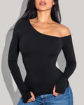 Shapey Long Sleeve One Shoulder Sculpting Shapewear Top - Black front view close up