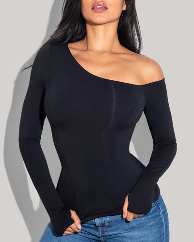 Shapey Long Sleeve One Shoulder Top - Black