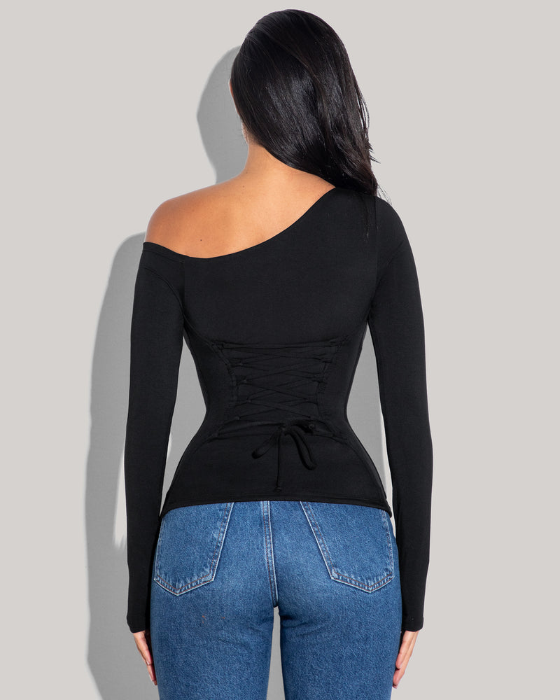 Model is posing in Shapey Long Sleeve One Shoulder Sculpting Shapewear Top - Black back view
