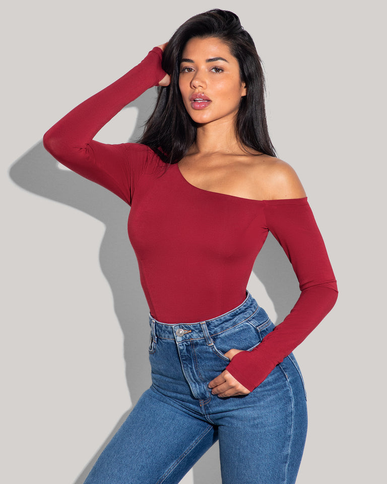 Shapey Long Sleeve One Shoulder Top - Ruby