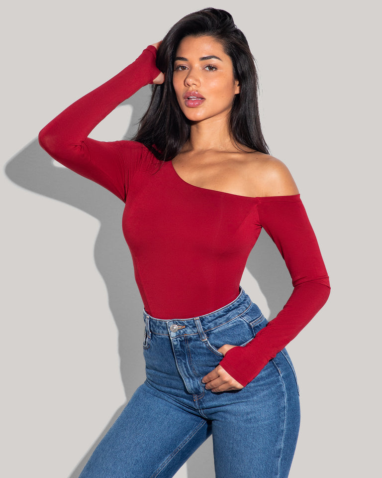 Shapey Long Sleeve One Shoulder Top - Ruby