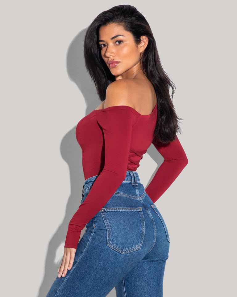 Shapey Long Sleeve One Shoulder Top - Ruby