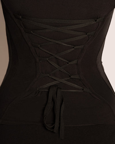 Model wears Shapey Ruched Long Sleeve Shapewear Top - Black back close up