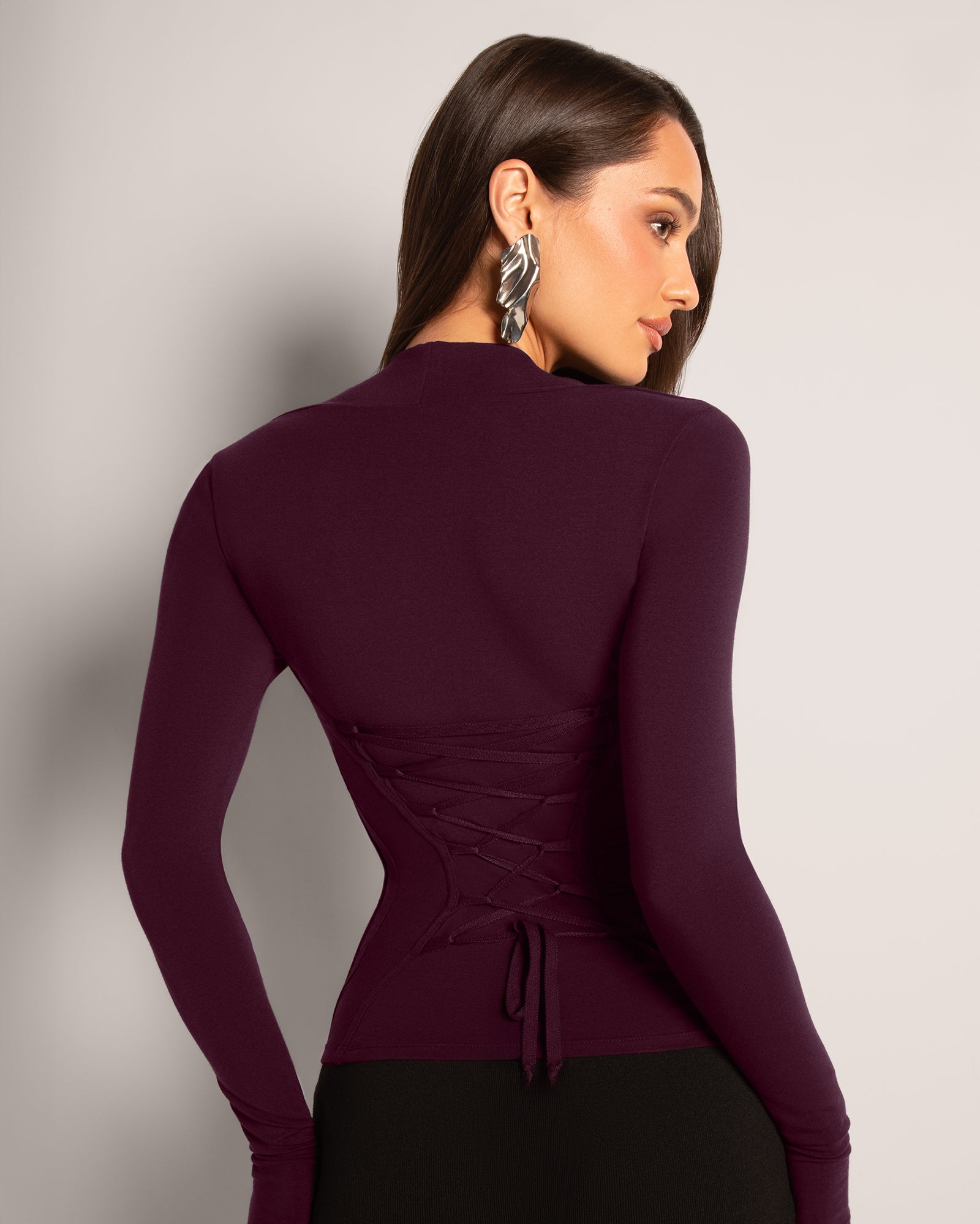 Shapey Ruched Long Sleeve Shapewear Top - Black/Lace | TA3