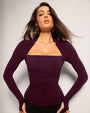 Close up front view of Shapey Ruched Long Sleeve Top - Garnet