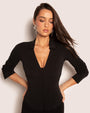 Model wears Shirty Long Sleeve Shapewear Top - Black front view