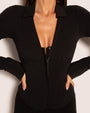 Model wears Shirty Long Sleeve Shapewear Top - Black front close up on the zipper