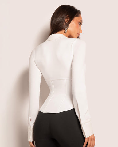 Model wears Shirty Long Sleeve Shapewear Top - White back view