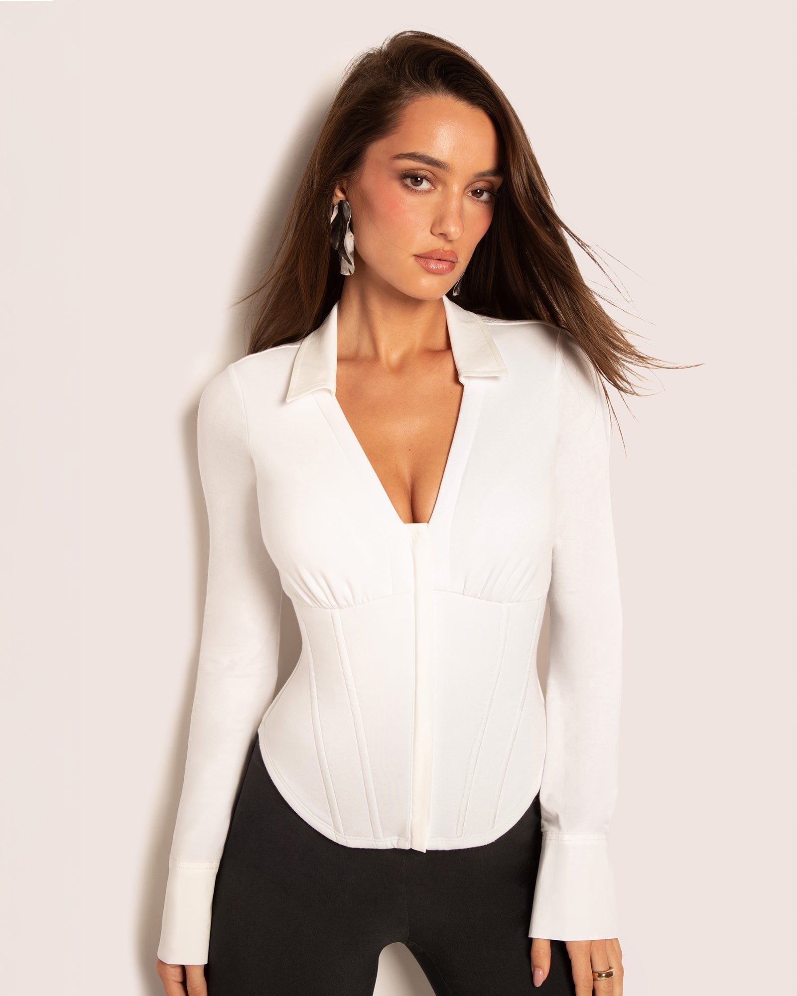 Shirty Long Sleeve Shapewear Top - White | TA3