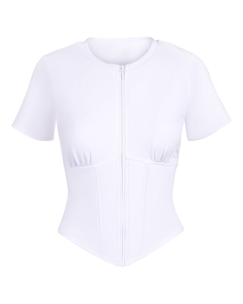 Outline image showing Short Sleeve Corsety Sculpting Shapewear Top - White