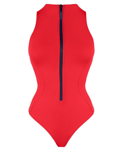 Model wears Sleeveless Surfy One Piece Shapewear Swimsuit - Red side view