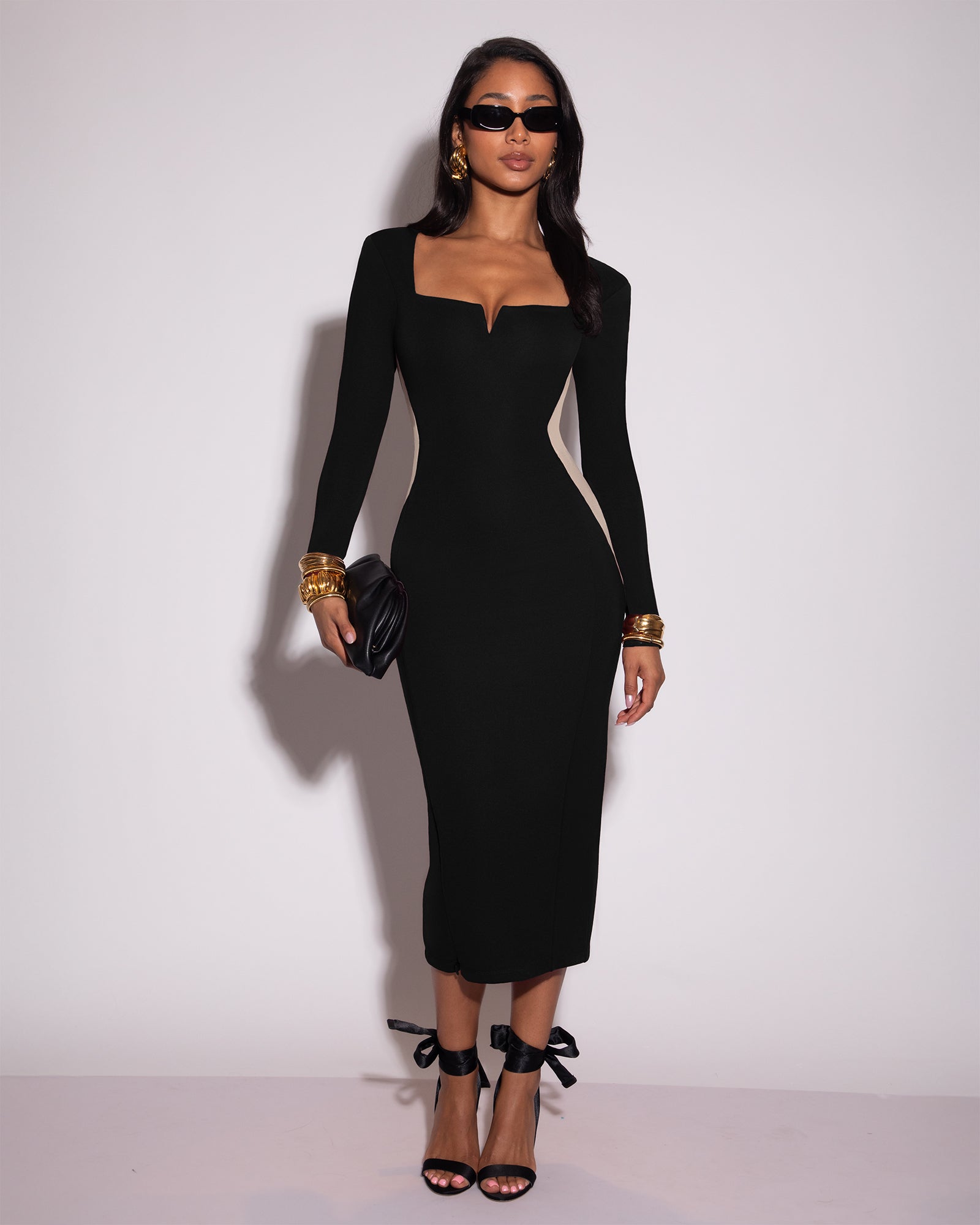 TA3 Notchy Long Sleeve Midi Dress - Contour Black/Oat - L - Shapewear Dress TA3 Notchy Long Sleeve Midi Dress - Contour Black/Oat - L - Shapewear Dress