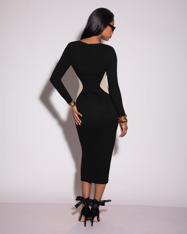 TA3 Notchy Long Sleeve Midi Dress - Contour Black/Oat - L - Shapewear Dress TA3 Notchy Long Sleeve Midi Dress - Contour Black/Oat - L - Shapewear Dress