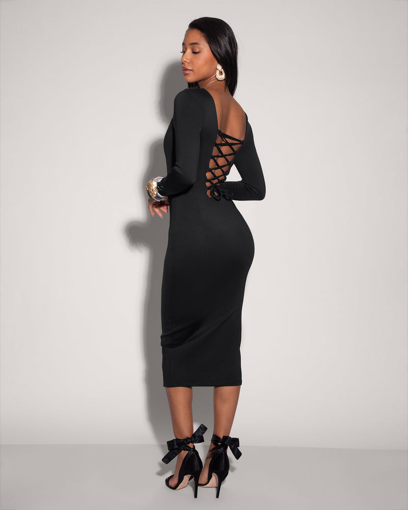 Model wears Squarey Long Sleeve Midi Shapewear Dress - Black back view