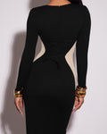 Notchy Long Sleeve Midi Dress - Contour Black/Oat