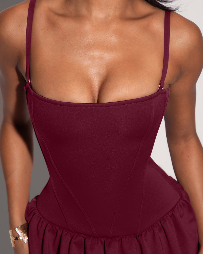 Model Wears Squarey Convertible Bubble Shapewear Mini Dress - Burgundy Close Up