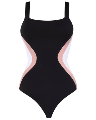 Model wears Squarey - Black/Rose/White Square Neck Shapewear Swimsuit side view