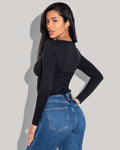 Model is posing in Corsety Square Neck Long Sleeve Sculpting Shapewear Top - Black side view
