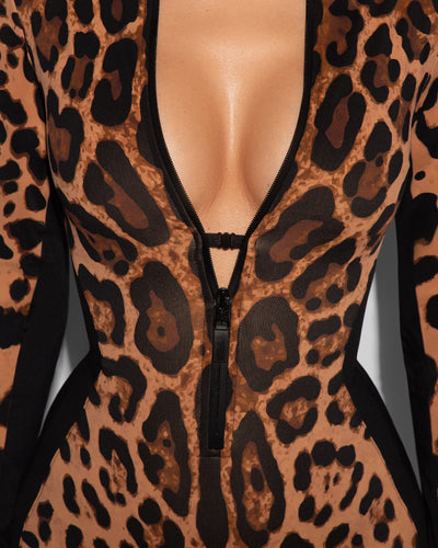 Surfy Boy Shortie Shapewear Swimsuit - Symmetric Leopard / Black Front view close up