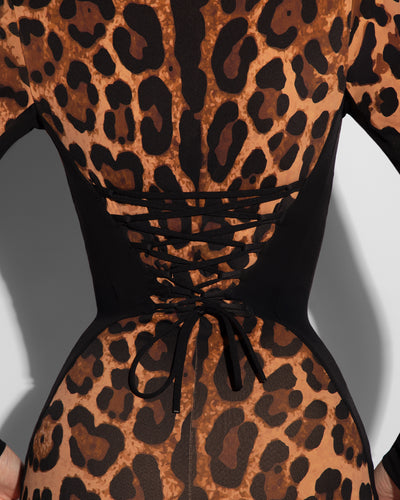 Surfy Boy Shortie Shapewear Swimsuit - Symmetric Leopard / Black back view close up