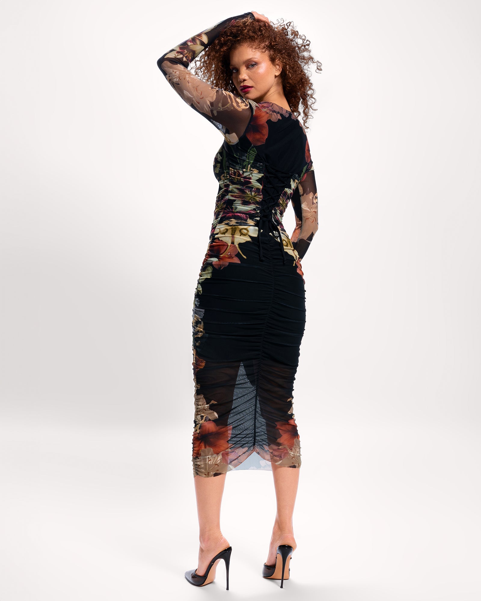 Full body back view of Sweetie Long Sleeve Midi Dress - Moody Floral