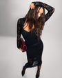 Model posing in Sweetie Long Sleeve Top - Lace Black with Seamed Midi Skirt - Lace Black full body front view