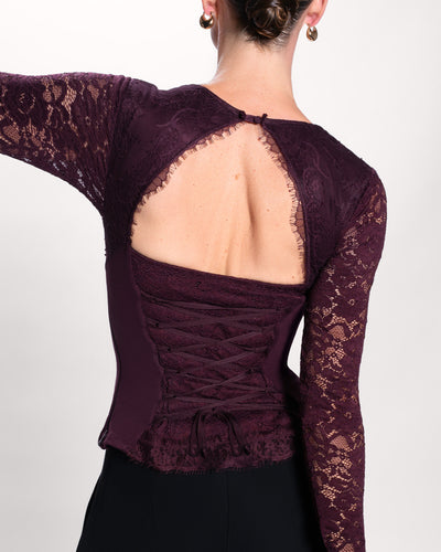 Close up back view image of Sweetie Long Sleeve Top - Lace Garnet