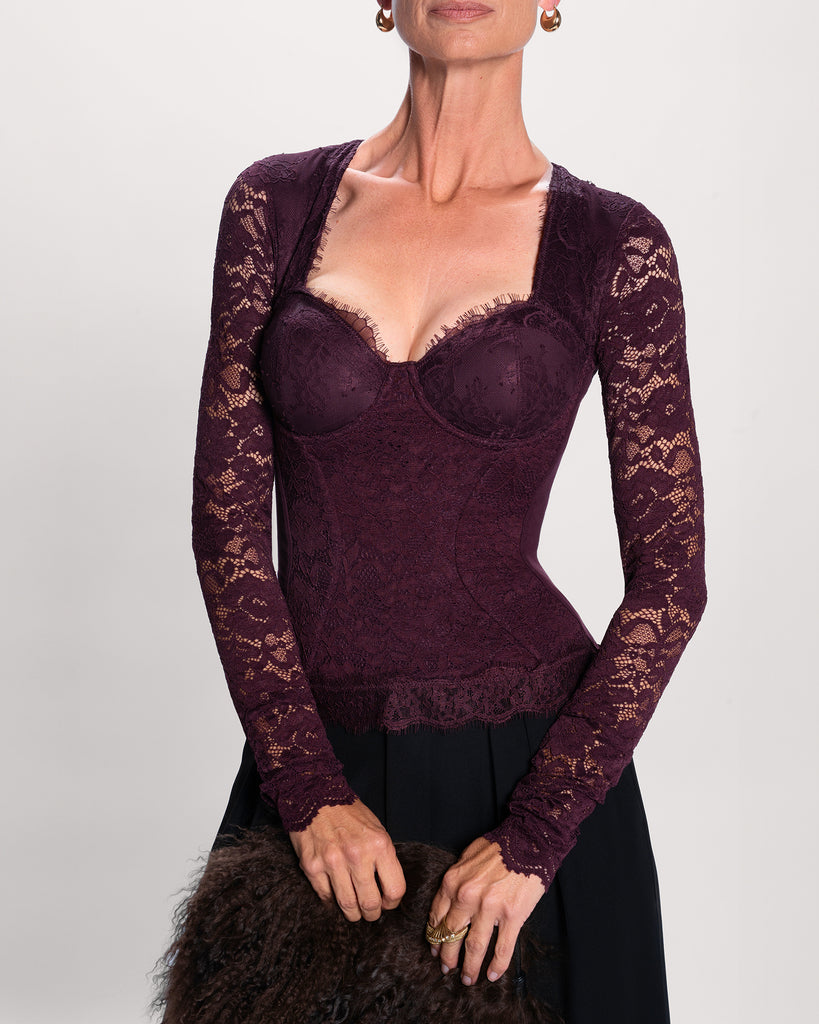 Model wearing Sweetie Long Sleeve Top - Lace Garnet front view