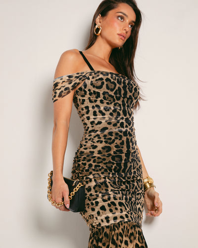 Model Wears Sweetie Mermaid Shapewear Dress - Symmetric Leopard Side View