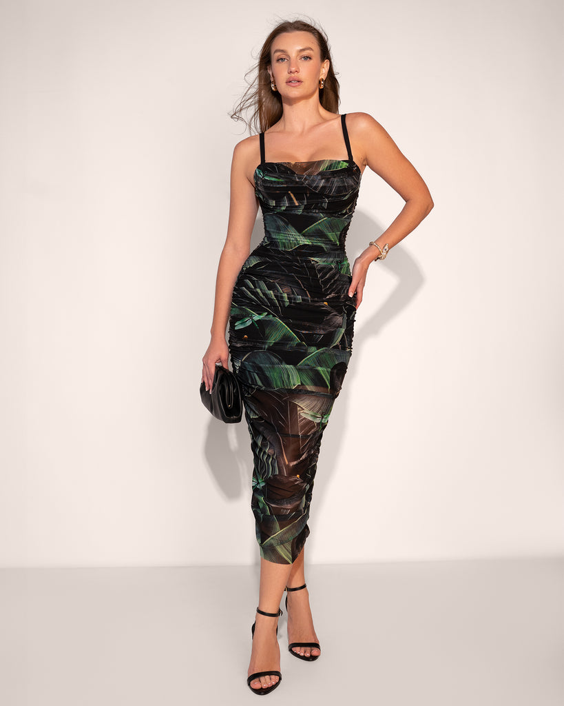 Model posing in Sweetie Mesh Column Dress - Black Lily full body front view