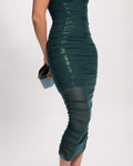 Zoomed in on side view of Sweetie Mesh Column Dress - Sequin Pine