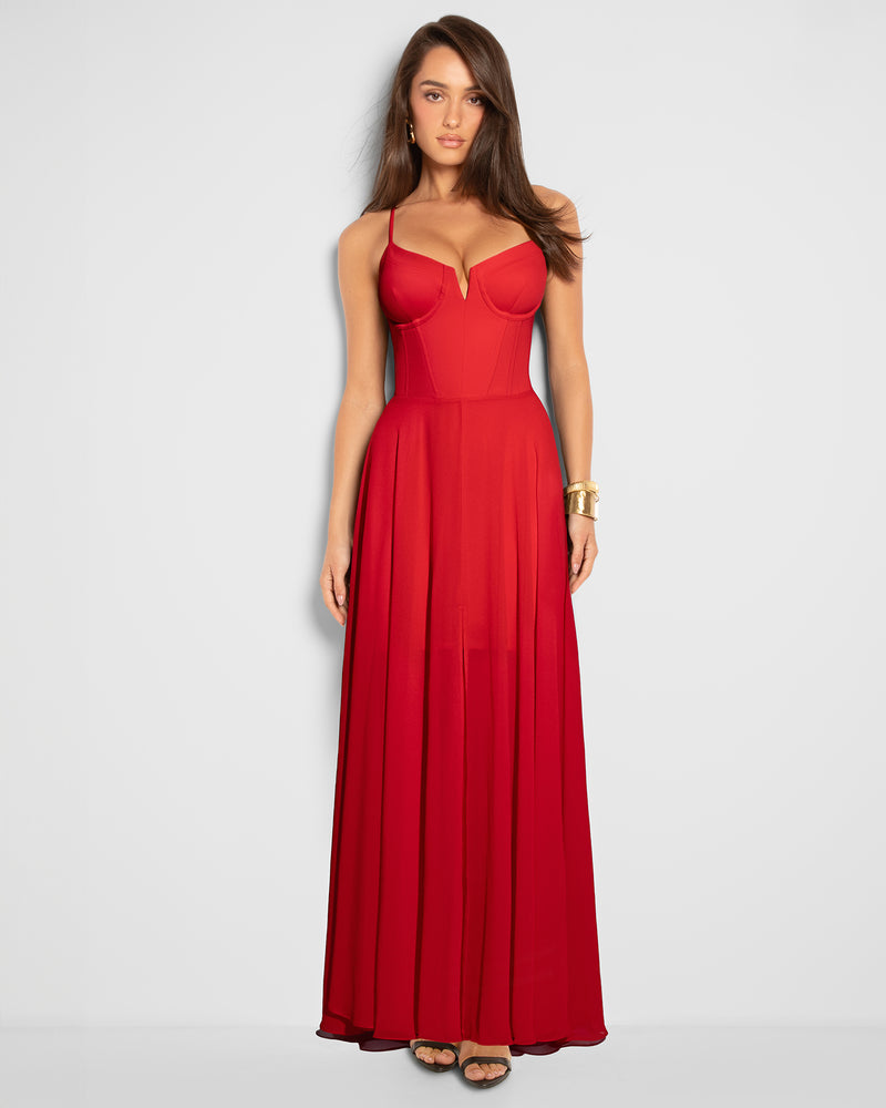 Full body front view Vixen Corset Maxi Dress - Red