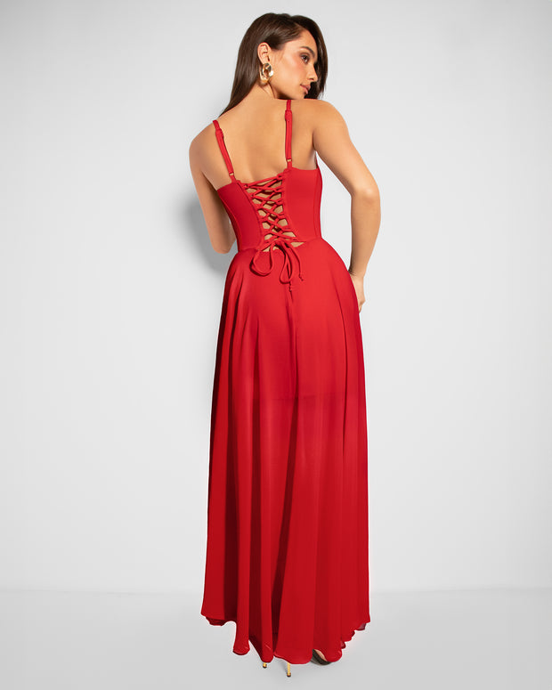 Full body back view in Vixen Corset Maxi Dress - Red