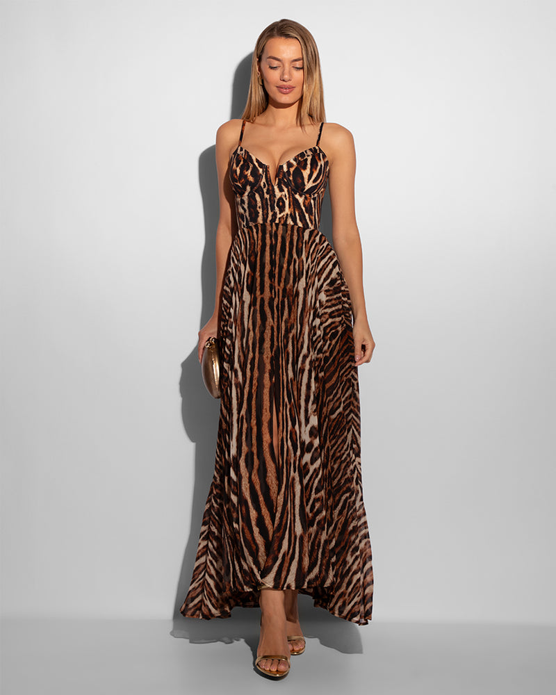 Model Wears Vixen Corset Front Slit Shapewear Maxi Dress - Pilates Cat Full Front View