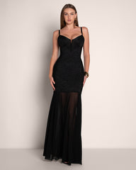 Vixen Seamed Flare Maxi Sleeveless Dress - Lace Black | TA3