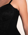Close up image of side zipper on Vixen Seamed Flare Maxi Dress - Black