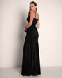 Full body back view in Vixen Seamed Flare Maxi Dress - Black