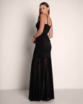 Full body back view in Vixen Seamed Flare Maxi Dress - Black