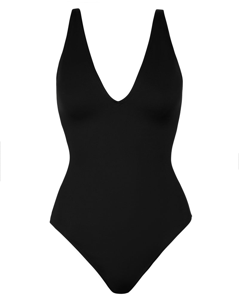 Outline image showing Plungey - Black Open Back One Piece Shapewear Swimsuit