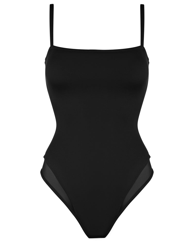 Outline image showing  Squarey Thin Strap Square Neck Shapewear Swimsuit - Black